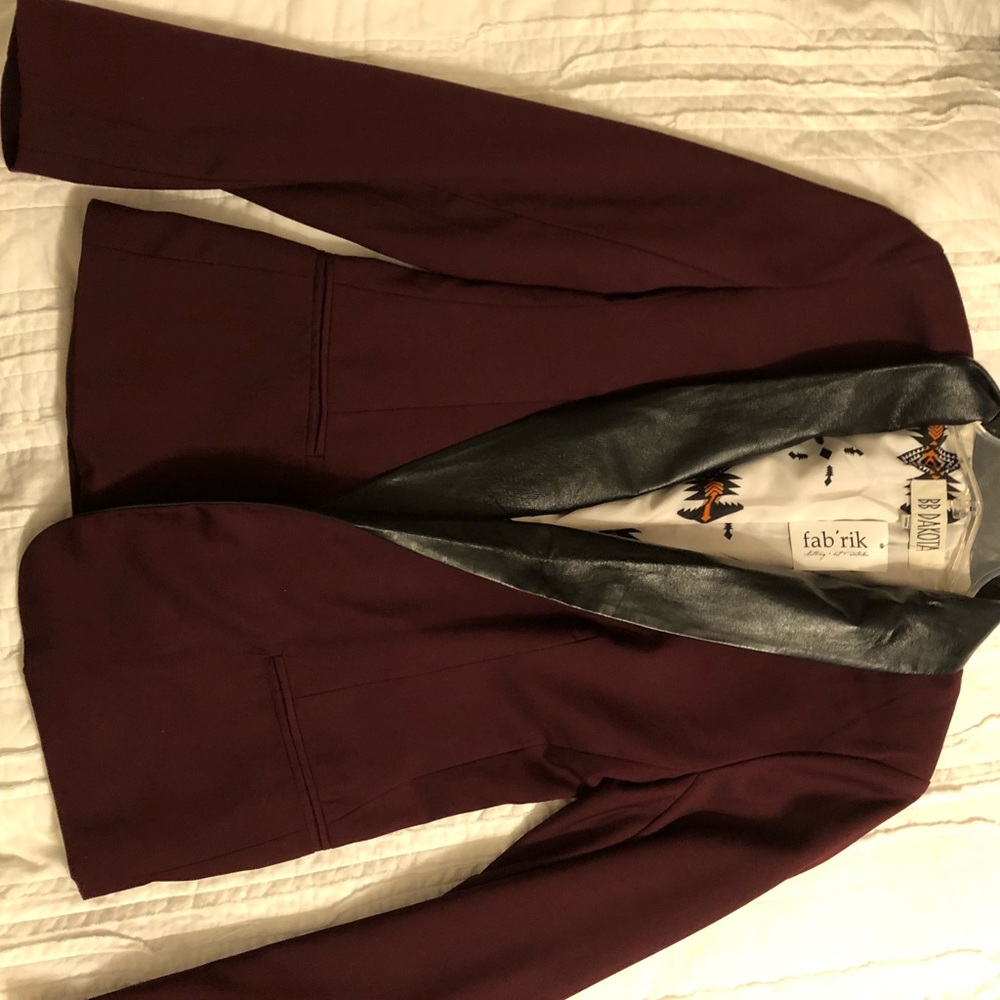Burgundy blazer with leather collar detailing